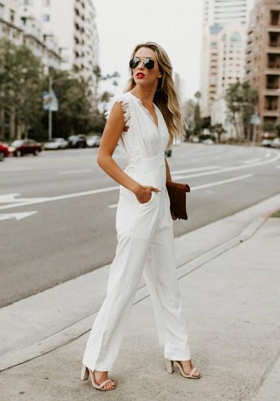 Mono Bolsillos Borla De Encaje Cremallera Fajas Fiesta Elegante Pierna Ancha Larga Blanco