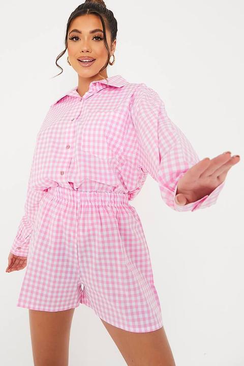 Pink Gingham Cotton Pyjama Short , Pink
