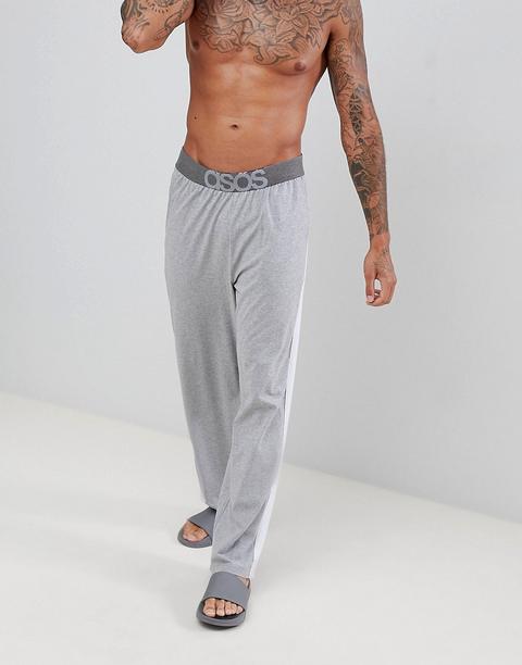 Asos Design - Pantaloni Dritti Del Pigiama Grigio Mélange Con Riga Laterale Bianca - Grigio