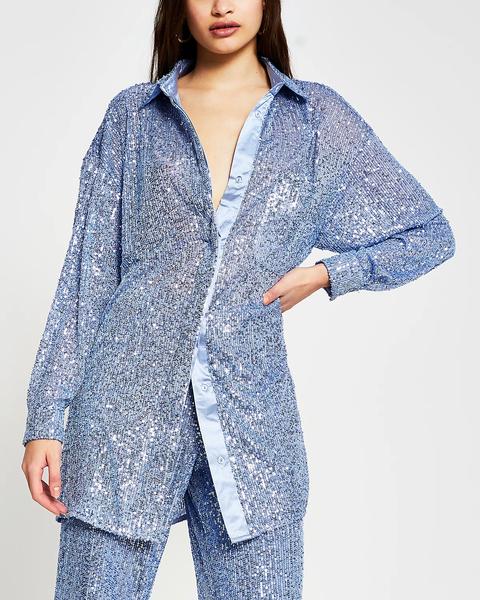 Blue Long Sleeve Sequin Shirt