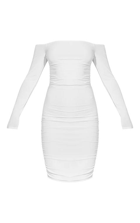 White Bardot Ruched Bodycon Dress