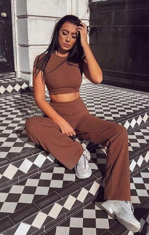 Brown Crop Ribbed Two Piece Co-ord Set - Suzi