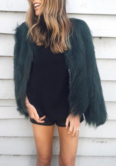 Llano Piel Del Faux Cuello Redondo Capa Elegante De La Chaqueta De La Manera Para Las Mujeres Verde