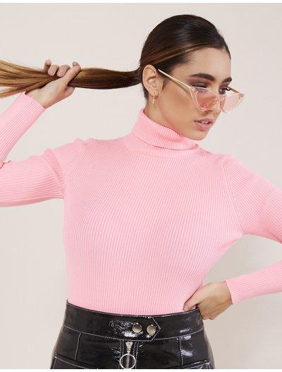 Neon Pink Roll Neck Jumper