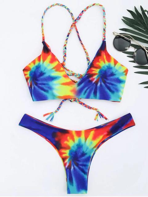 Conjunto De Bikini Cruzado Trenzado Tie Dye Yellow Blue Light Yellow