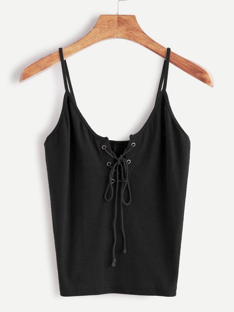 Black Lace Up Front Cami Top