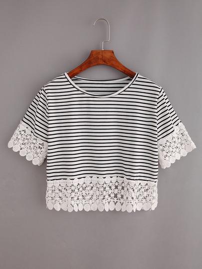 Camiseta Ribete De Encaje Rayas Crop -negro Blanco