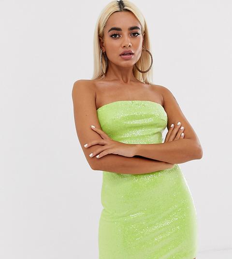 Club L London Petite Sequin Mini Bandeau Aline Dress In Neon Lime-yellow