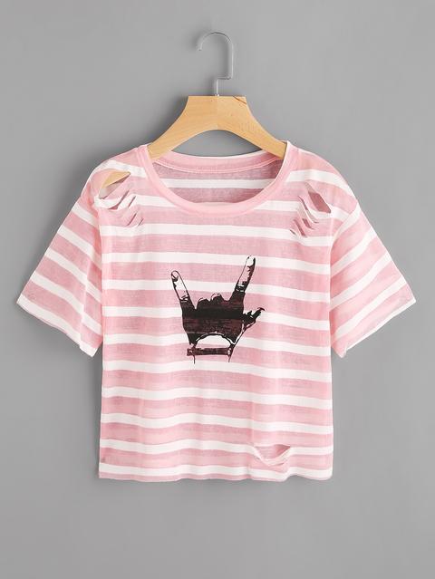 Love Gesture Print Stripe Ripped Tee