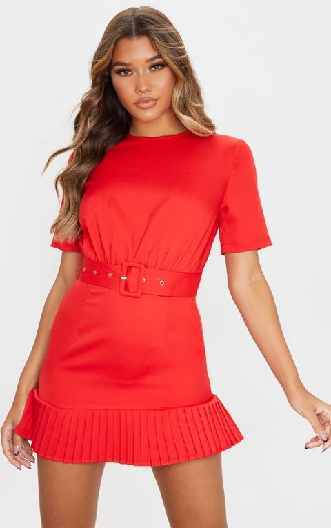 Red Ruched Bust Belt Detail Pleated Hem Shift Dress