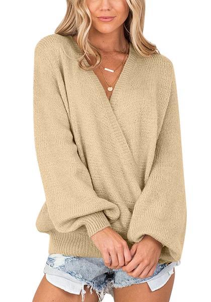 Lookbookstore Women's Knit Long Sleeve Faux Wrap Surplice V Neck Sweater Top