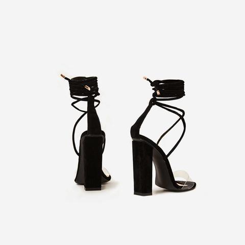 bello perspex lace up block heel in black faux suede