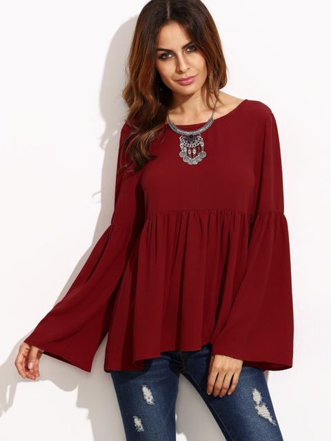 Blusa Plisada Manga Acampanada Con Cordón Trasero - Borgoña
