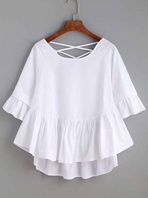 White Crisscross Back Ruffle Top