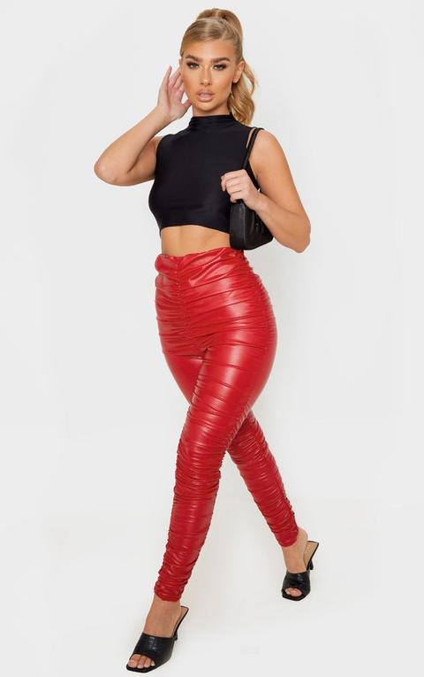 Red Faux Leather Ruched Legging