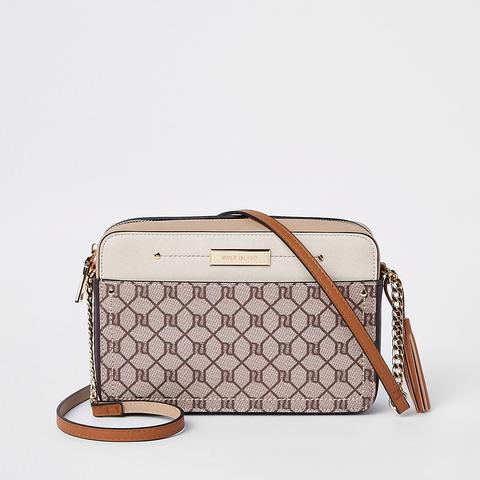 river island brown monogram cross body bolsa