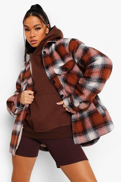 Womens Teddy Faux Fur Lined Check Shacket - Orange - 8, Orange