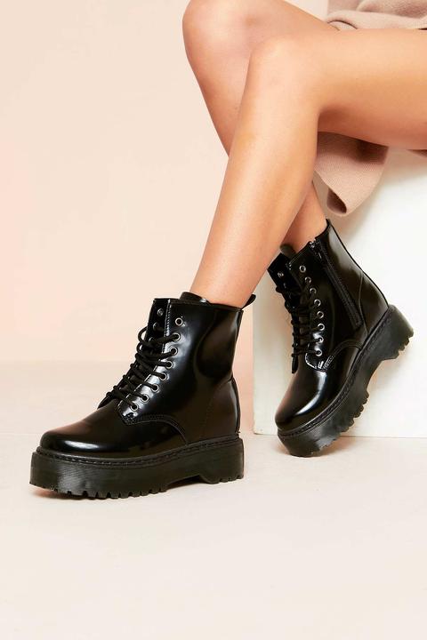 black patent chunky lace up biker boots