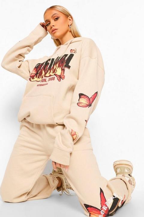 Womens Oversize Flame And Butterfly Print Hoodie - Beige - 8, Beige