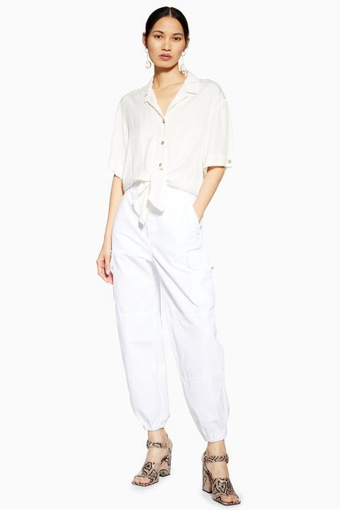 Womens White Cuffed Utility Cargo Trousers - White, White