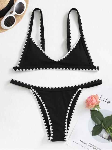 Zaful Bikini Acanalado Con Ribete Black
