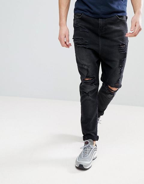 Asos - Jeans Nero Délavé Con Cavallo Basso E Strappi Vistosi - Nero