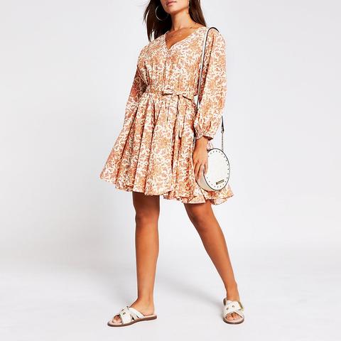 Orange Short Sleeve Full Skirt Mini Dress