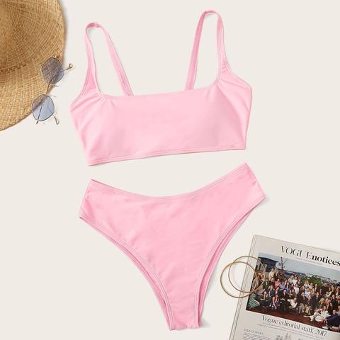 Scoop Neck Top With High Waisted Bikini Set