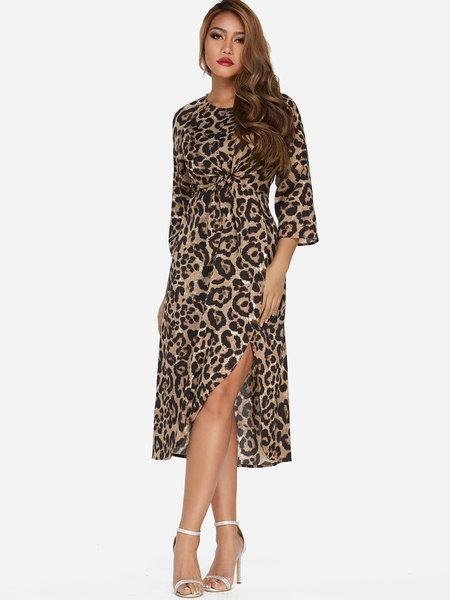 Abito Longuette A Maniche Lunghe A 3/4 Con Scollo A Fessura Design Leopardato