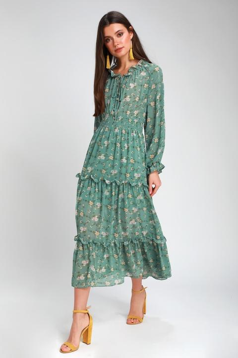 Delphine Sage Green Floral Print Long Sleeve Midi Dress - Lulus from Lulus  on 21 Buttons