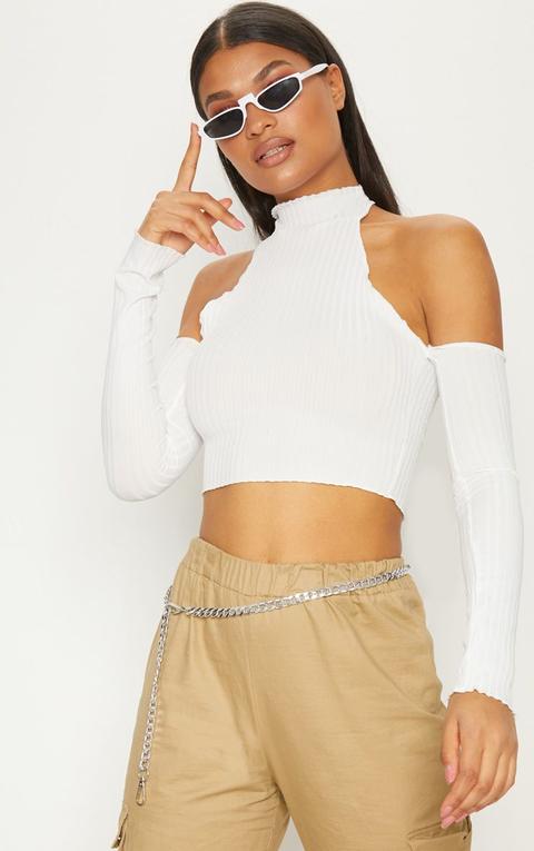 Cream High Neck Frill Edge Crop Top