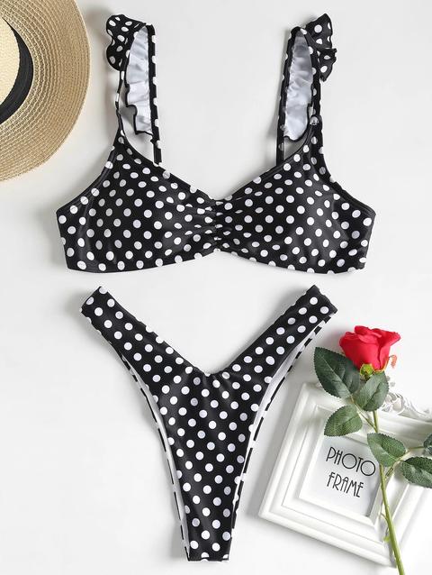 Bikini Con Perizoma A Pois Con Volant Black