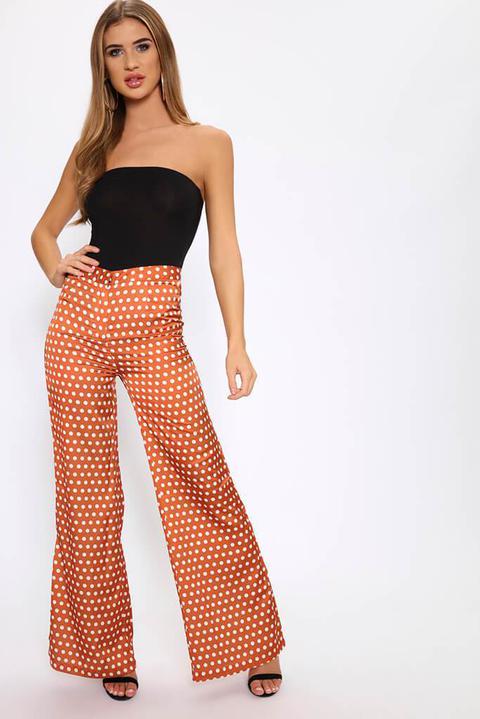 Rust Polka Dot Print Satin Trousers