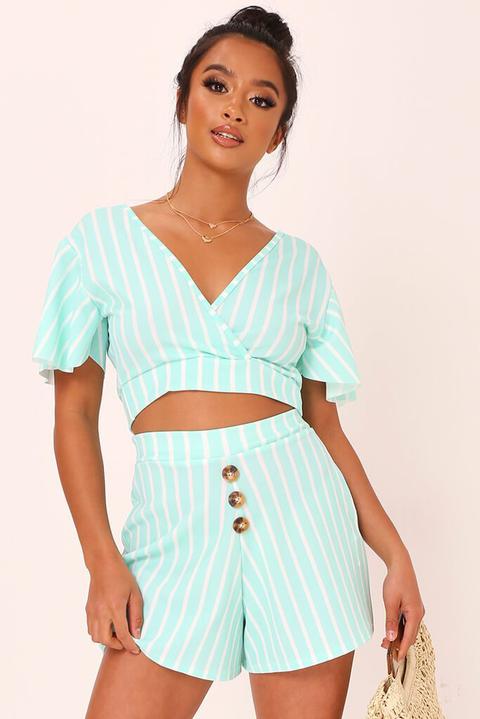 Mint Stripe Button Front Shorts