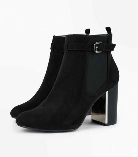 Black Suedette Metallic Trim Heeled Boots