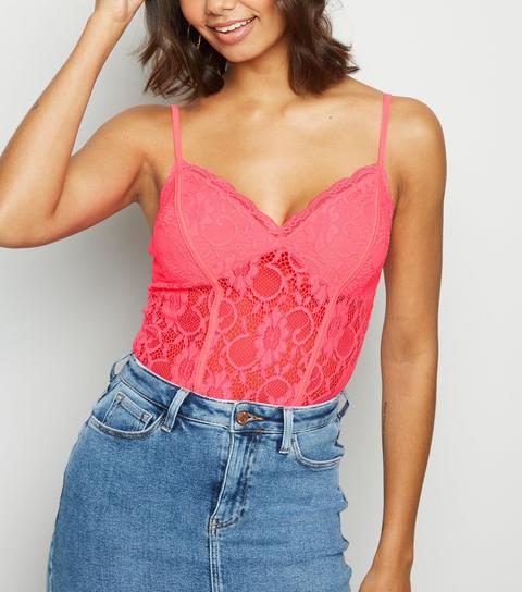 neon pink lace bodysuit