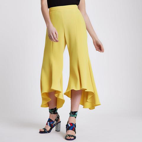 Petite Yellow Split Frill Hem Trousers