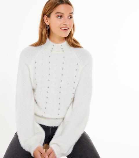 White Fluffy Knit Embellished Jumper New Look
