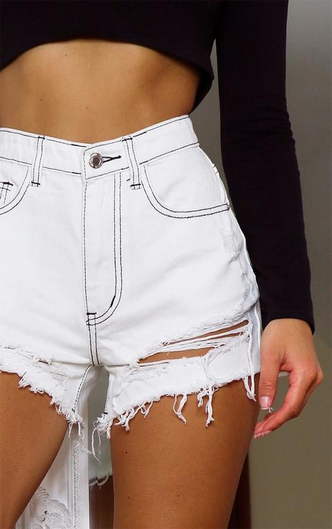Off White With Black Stitch Ripped Hem Denim Shorts