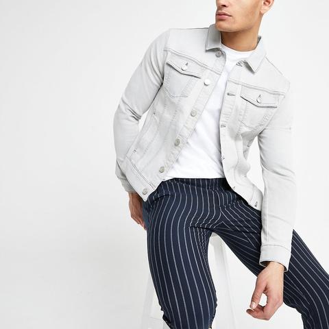 Grey Muscle Fit Denim Jacket from River 
