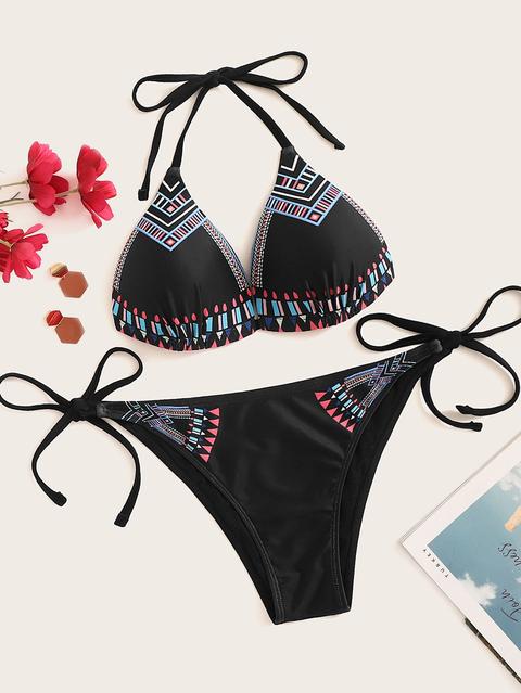 Set Bikini Top Halter Con Stampa Geometrico E Nodo Laterale