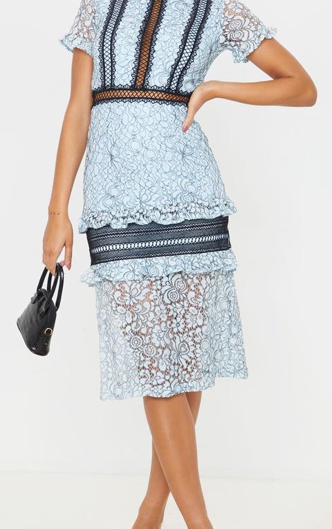 dusty blue lace ruffle detail midi dress