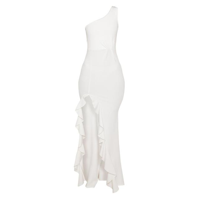 white one shoulder ruffle hem maxi dress
