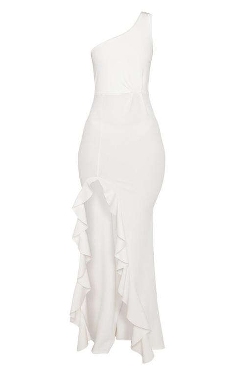 White One Shoulder Ruffle Hem Maxi Dress