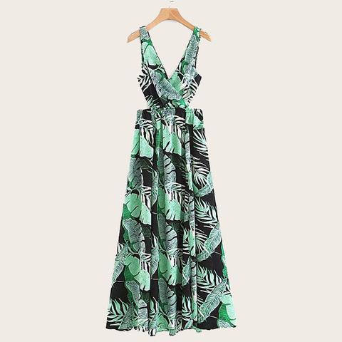 tropical print crossover split maxi dress