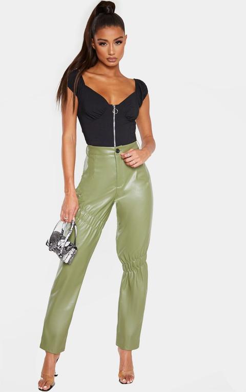 Olive Ruched Pu Straight Leg Trouser