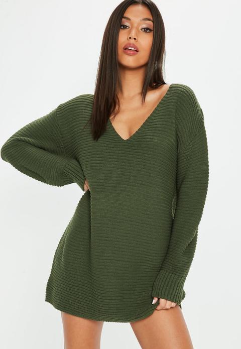 Green V Front Rib Knitted Dress, Beige