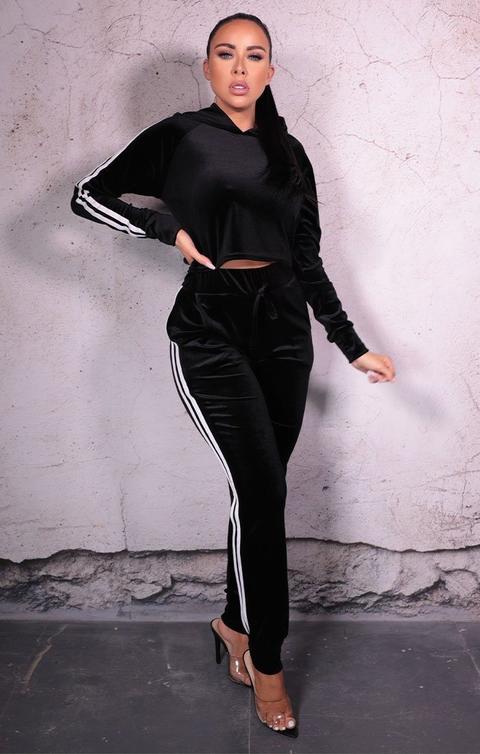 Black Velvet Stripe Cropped Hoodie & Cuffed Joggers Loungewear Set - Esme