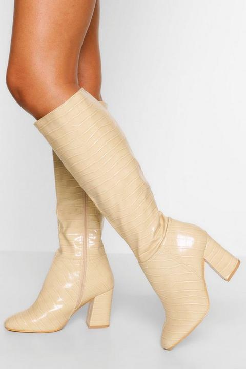 Womens Wide Fit Block Heel Knee Boot - White - 7, White