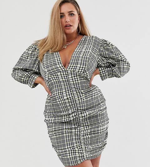 Asos Design Curve Ruched Mini Dress With Puff Sleeves In Check Print-multi